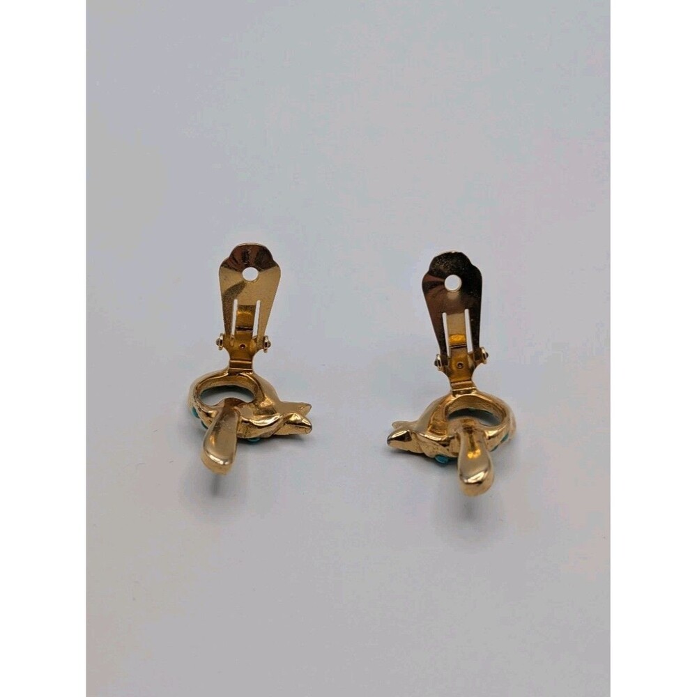 Vtg Signed Hattie Carnegie Faux Turquoise Cabochon Clip Earrings Gold Art Deco - Picture 7 of 12